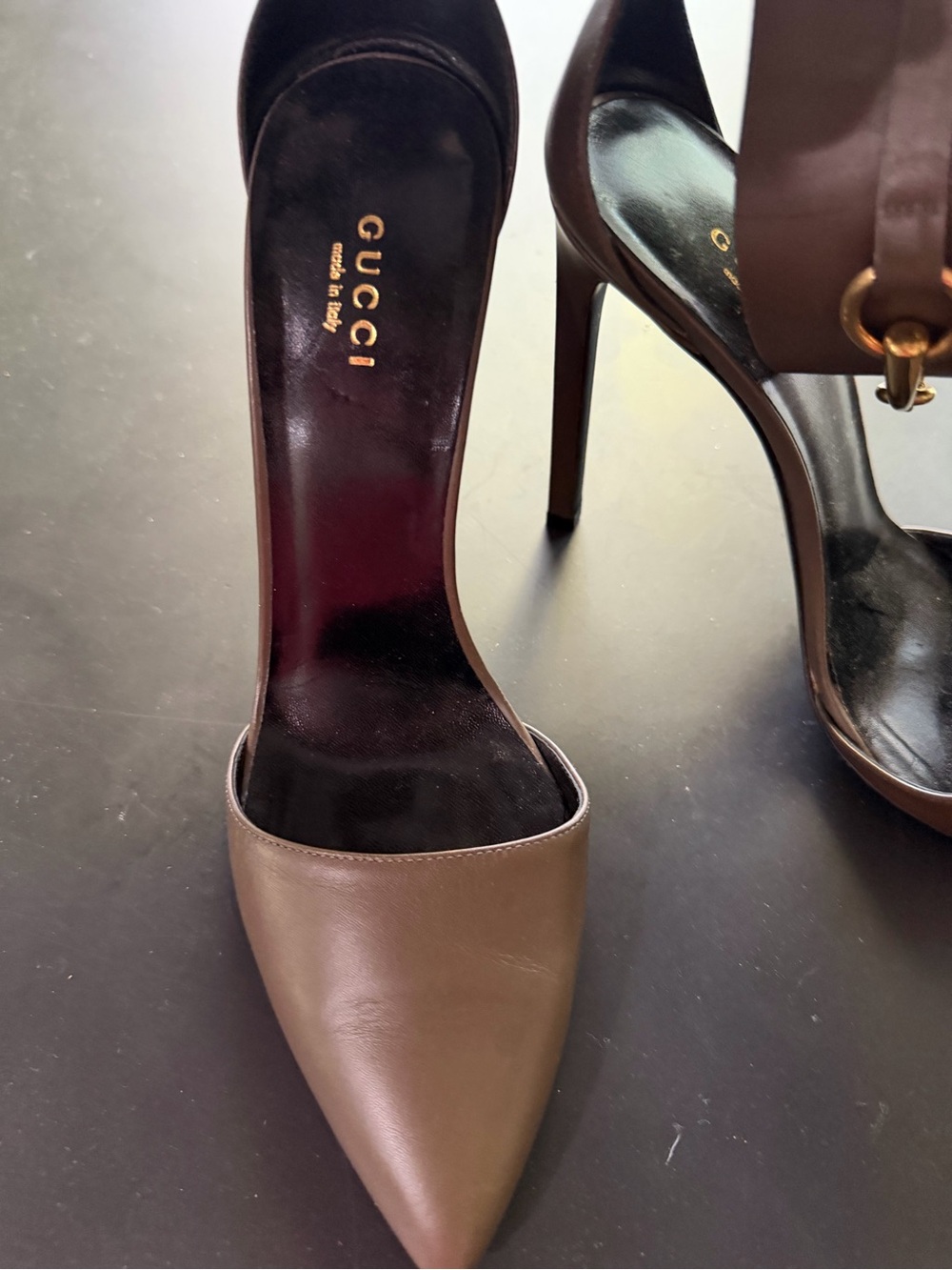 Gucci Taupe Leather Pointed Toe Ankle-Strap Stiletto Heels - Picture 2 of 11